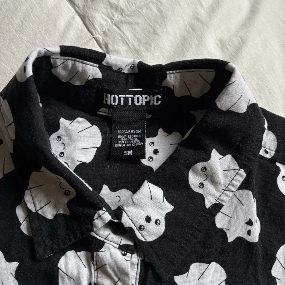 Hot Topic Button Up Ghost Shirt Womens S Black Whimsigoth Cute Spooky Halloween - Picture 6 of 11